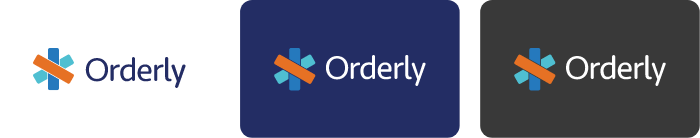 New Orderly logo on white, blue, and grey backgrounds.